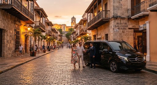 Calle colonial de Santo Domingo al atardecer con vehículo de FC Transporte